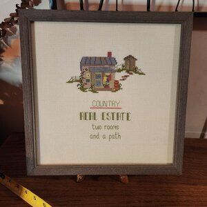 Vintage Framed Cross-Stitch Country Real Estate Art 12"×12"